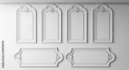 A set of six white decorative wall panels with intricate designs