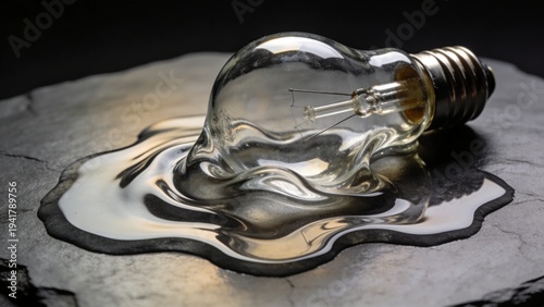 Melted light bulb surreal concept on dark textured surface with artistic abstract background
