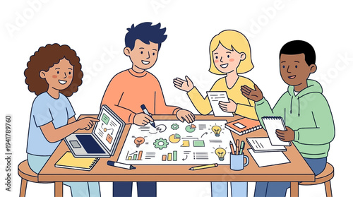 Flat vector illustration of students collaborating on an educational project, symbolizing teamwork and learning