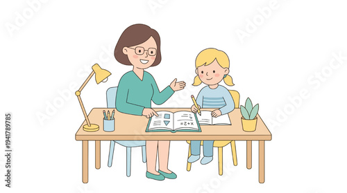 A Woman Teacher Helping a Student with Her Education and Studies at a Desk