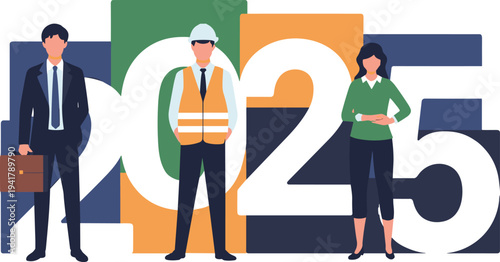 Diverse Professional Workers Including Businessman Engineer and Office Employee Standing in Front of Large 2025 Numbers New Year Business Goals and Career Growth Illustration
