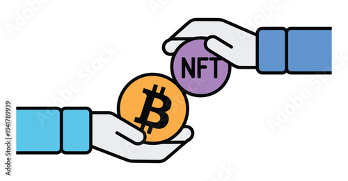 Conceptual vector illustration of two hands exchanging a golden Bitcoin coin for a purple NFT token, symbolizing cryptocurrency and non-fungible token transactions and digital asset trading.