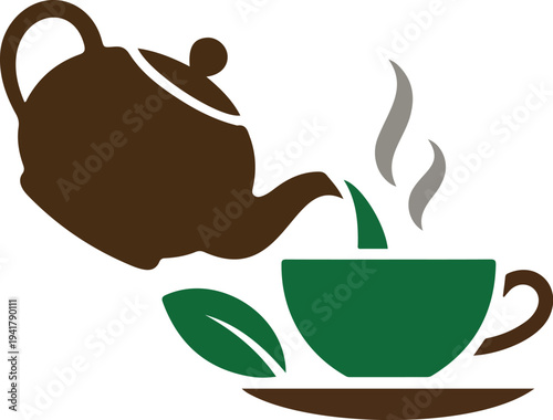 Hot tea pouring from brown teapot into green teacup with rising steam and tea leaves flat vector illustration