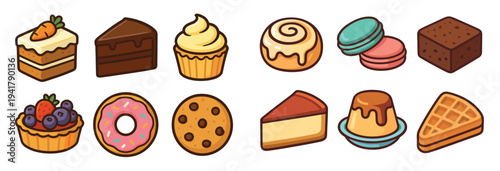 Various delicious desserts and sweet treats are arranged in a charming isometric cartoon style, perfect for illustrating menus or bakery themes.