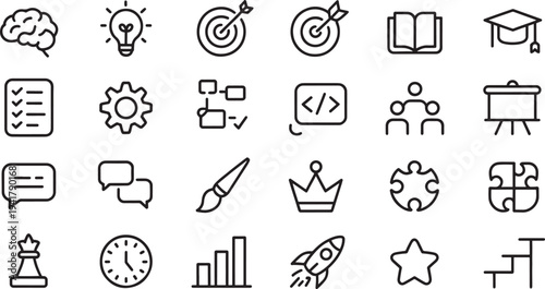 Set of black and white representing various concepts and activities brain lightbulb