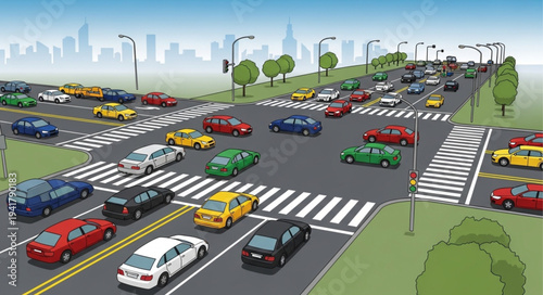 Busy City Intersection with Cars and Pedestrian Crossings.