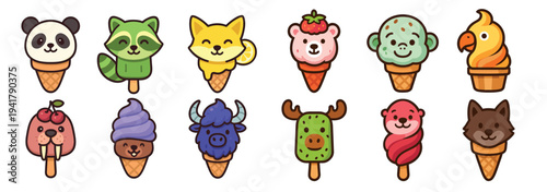 Cute animal ice cream characters are depicted in a delightful collection of sweet frozen treats, perfect for children's designs and summer themes.