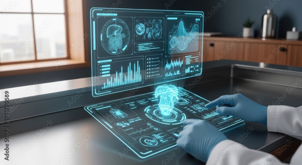 Fototapeta premium Medical professional interacting with futuristic holographic interface displaying data