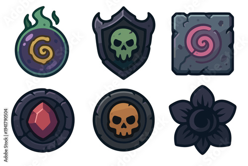 Fantasy game icons collection featuring mystical symbols, magical elements, and dark artifacts for digital projects and user interfaces.