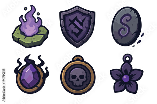 Collection of fantasy game icons and magical elements featuring a mystic flame, shield, stone, gem, skull pendant, and flower charm.