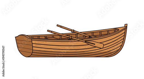 Illustration of a simple wooden rowboat with two oars inside