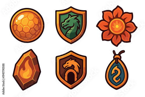 Fantasy game icons collection featuring various elements like shields with dragons, a glowing gem, a magical flower, and a unique pendant, perfect for digital applications.