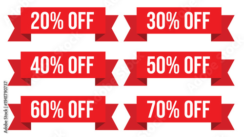 Red Discount Banners White Text Various Percentage Off Deals Clean Background Promotional Shopping Mood Retail 