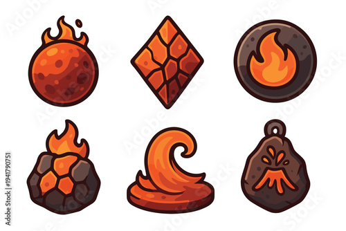 Cartoon fire lava volcano game elements collection featuring various fiery shapes, glowing rocks, and erupting magma icons in a vibrant, stylized design.