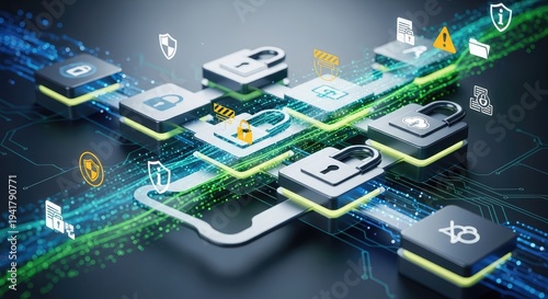 Abstract digital security and protection network with padlocks and data