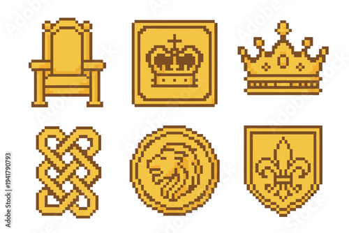 Pixel art royal and medieval symbols including a golden throne, crowns, a lion coin, and a fleur-de-lis shield, representing power and history.