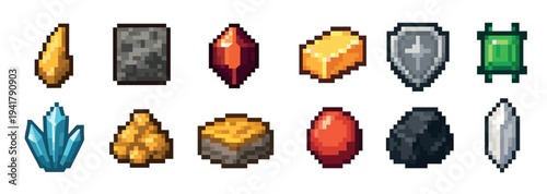 Pixel art game resources and items collection featuring various fantasy elements like gold, gems, and minerals for retro video game design.