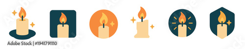 Various stylized burning candles with warm glowing flames and decorative light accents, perfect for festive and spiritual designs.