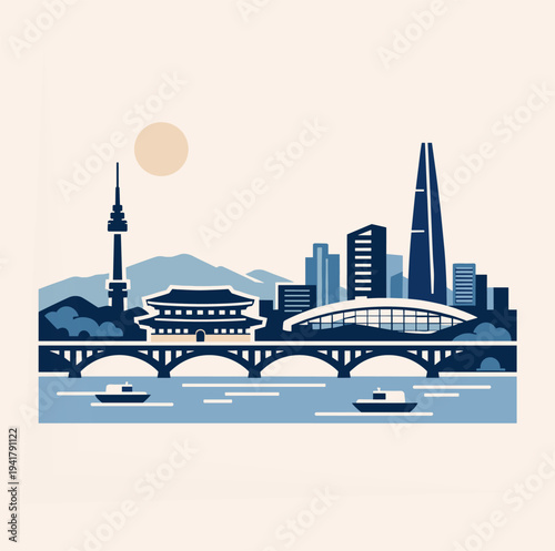 Seoul South Korea Skyline with Han River and Famous Landmarks Flat Vector Illustration