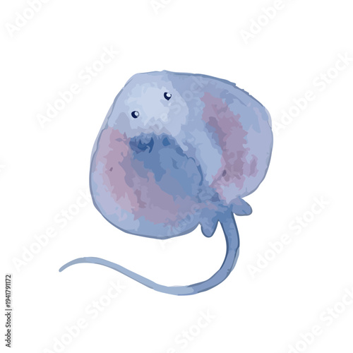 Hand drawn watercolor manta ray illustration, graceful swimming marine life, ocean blue