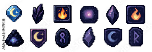 Various pixel art fantasy game icons and elements, including magical gems, elemental symbols, and mystical runes, perfect for retro gaming projects.