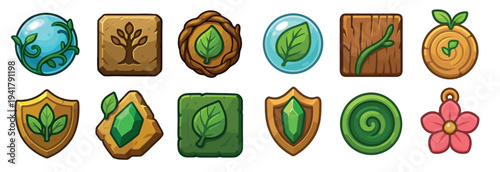 Cartoon nature game icons collection featuring various elemental symbols and resources, perfect for fantasy video game design and mobile applications.