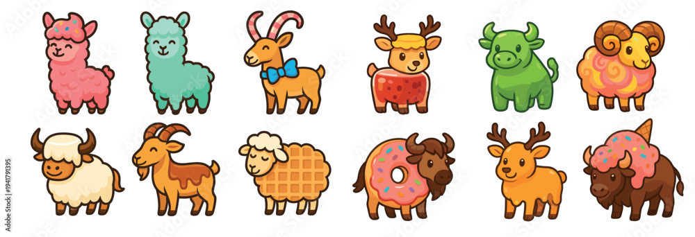 Obraz premium Cute cartoon animals with sweet dessert and food themes are playfully illustrated in a vibrant and whimsical collection perfect for children's designs and fun projects.
