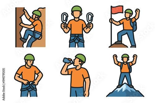 Rock climbing and mountaineering icons illustrate various aspects of outdoor adventure, including gear, hydration, and reaching the summit.