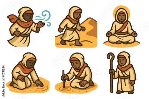 Desert traveler character illustrations showcasing various actions including walking through dunes, meditating, blowing wind, and drawing in the sand with a staff.