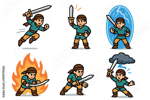 Cartoon warrior character in various action poses wielding a sword, illustrating different combat scenarios and elemental powers for fantasy adventures.