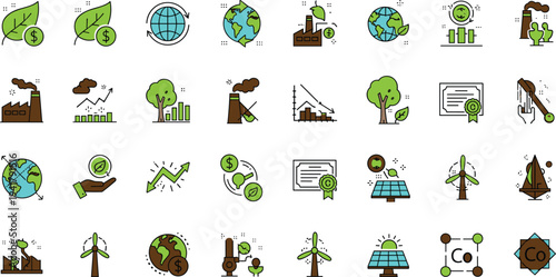 Sustainable energy and environmental technology icon set with renewable power ecology growth recycling and green economy symbols