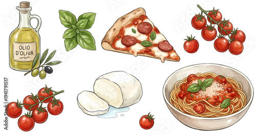 Italian food clipart, icons: pizza slice, pasta bowl, basil leaves, tomatoes, olive oil bottle, hand drawn style, isolated elements, no background, for menus and recipes 