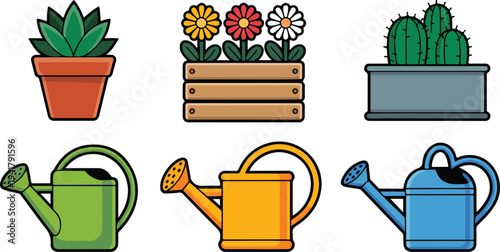 Colorful gardening icon set with potted plants flower box cactus planter and watering cans on black background
