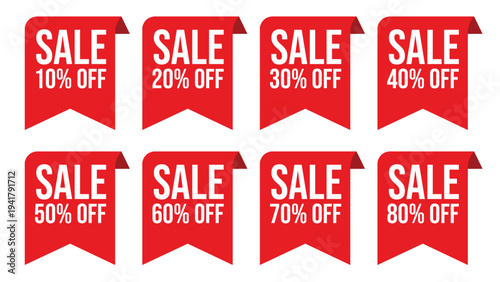Red Sale Banners White Text Various Discounts Full Range Promotions Retail Shopping