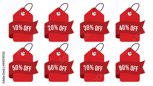 Red Discount Tags White Text Various Percentage Off Sales Retail Promotion Shopping Collection Set Label