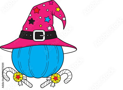 Halloween Pumpkin with Witch Hat Magic Wand and Candy Cartoon Character Coloring Page Vector Illustration