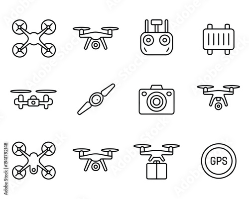 Drone photography icon set illustration, clean line vector icons of quadcopter equipment, including remote controller, battery, propeller, gimbal camera delivery drone, and GPS symbol.
