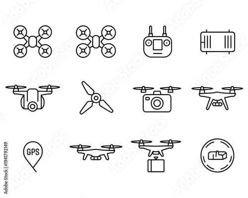 Drone photography icon set illustration, minimalist line art vector featuring quadcopter remote control battery propeller gimbal camera GPS pin and landing pad graphics.