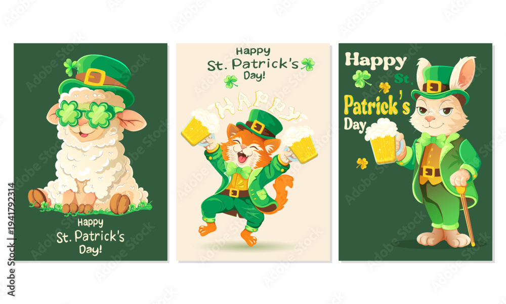 Fototapeta premium St. Patrick’s Day poster set with cute sheep, fox and rabbit in leprechaun costumes holding beer mugs cartoon vector illustration