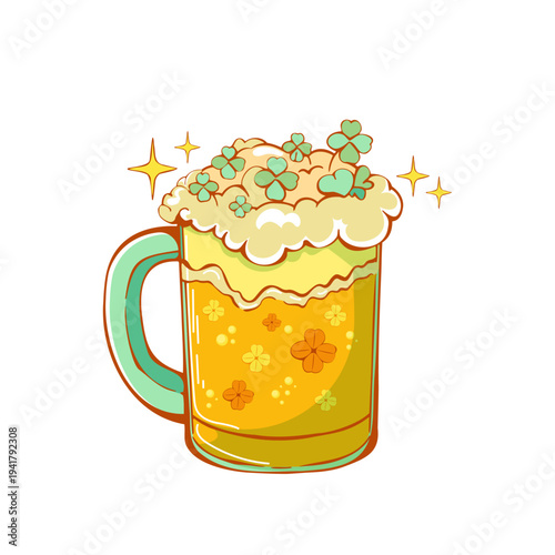 St. Patrick's Day beer mug with shamrock foam, festive ale drink cartoon clipart isolated