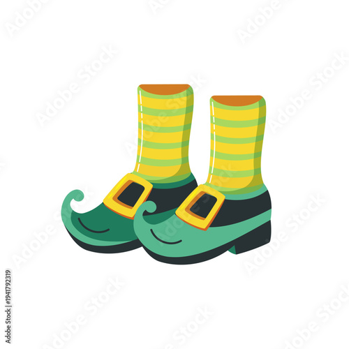 St. Patrick's Day leprechaun shoes with striped socks, cute cartoon Irish holiday footwear