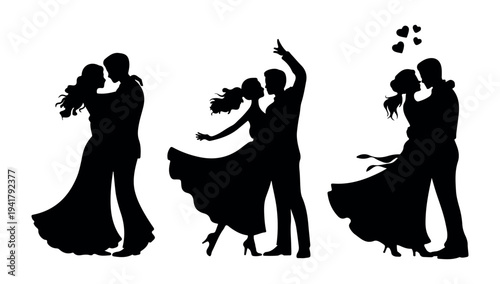 Romantic silhouettes of diverse couples dancing and embracing with floating hearts on a white background