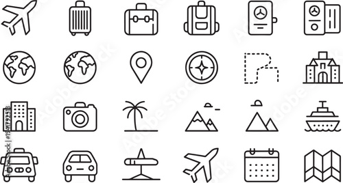 Set of black and white travel and vacation including luggage, maps, and transportation