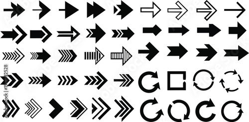 Collection of various black arrow icons on white background