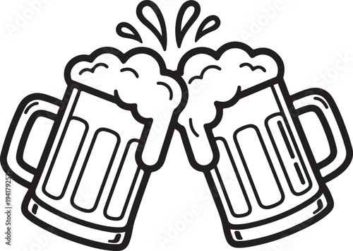 Two beer mugs clinking together with foam isolated on transparent background vector