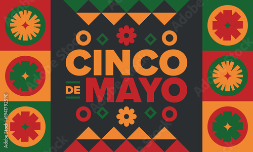 Cinco de Mayo in Mexico. Traditional mexican fiesta in May. National happy holiday with carnival, festival and parade. Latin american and spanish pattern. Illustration with sombrero. Vector poster