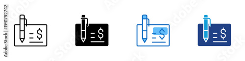 Check Payment Multiple Style Icon Design Vector - Bank check with pen and dollar sign representing payment authorization, financial transaction processing, and banking documentation