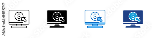 Online Payment Multiple Style Icon Design Vector - Computer monitor with dollar sign and cursor representing digital payment processing, ecommerce checkout, and online transaction