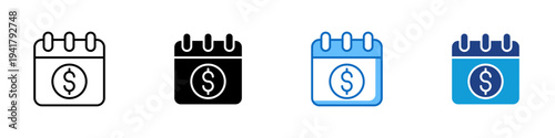 Payment Schedule Multiple Style Icon Design Vector - Calendar with dollar sign representing billing schedule, recurring payment planning, and financial deadline management
