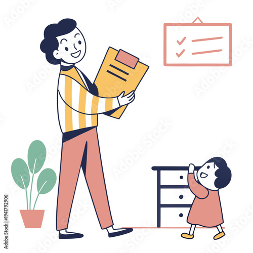 Father holding checklist while interacting with daughter at home  